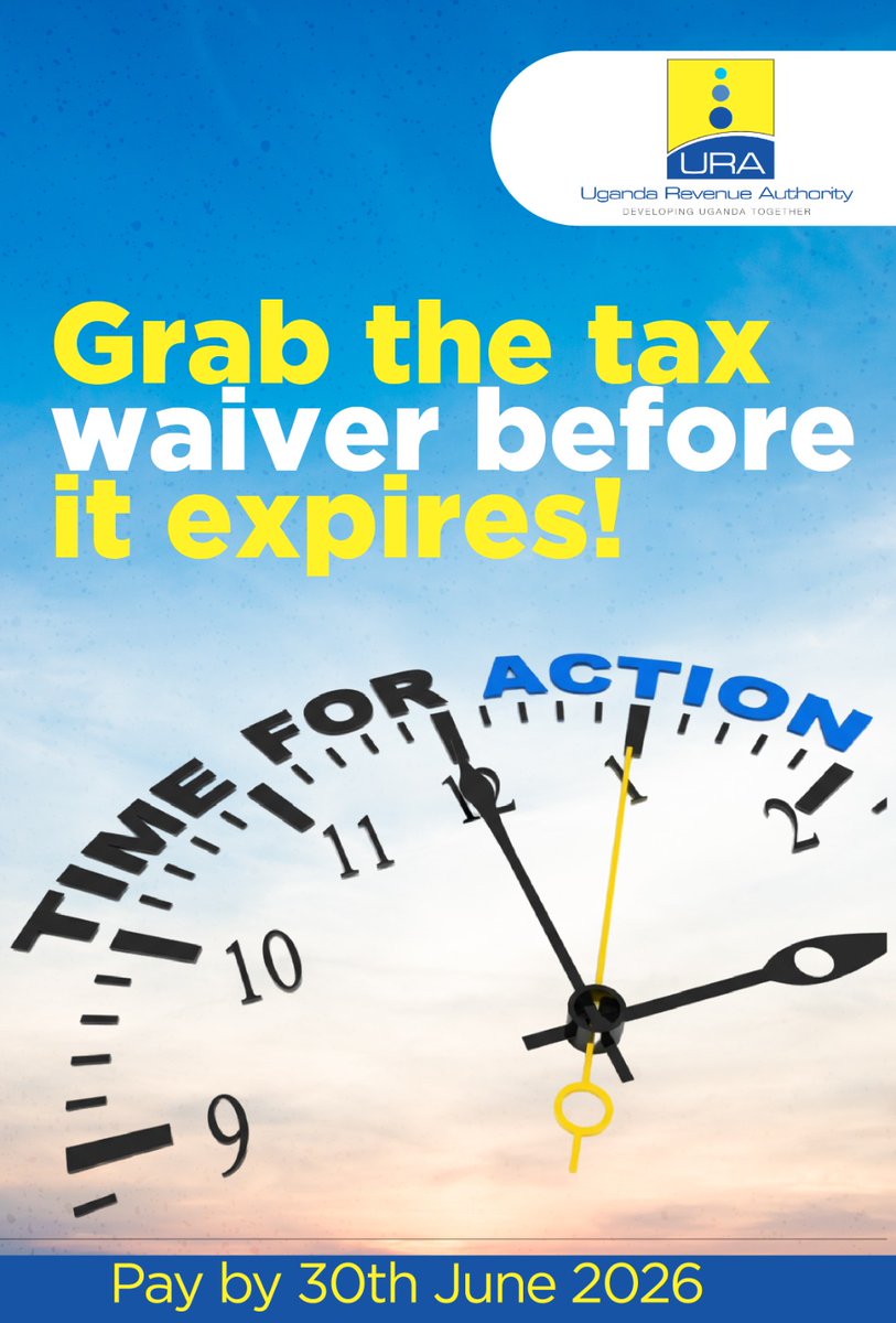 Goodmorning Ugandans,

It's a new week to take advantage of the #URATaxWaiver to clear only the outstanding principal tax. 

#DevelopingUgandaTogether