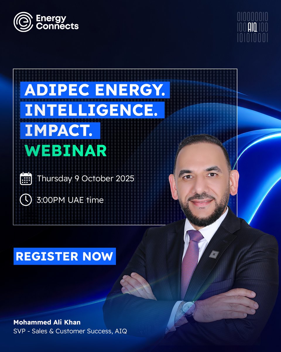 AI is reshaping energy — and the conversation continues here.

Join Mohammed Ali Khan, SVP – Sales &amp; Customer Success at AIQ, alongside industry commentators on the upcoming #ADIPEC “Energy. Intelligence. Impact.” webinar.

🗓️ Register now: bit.ly/3VZO9Vj