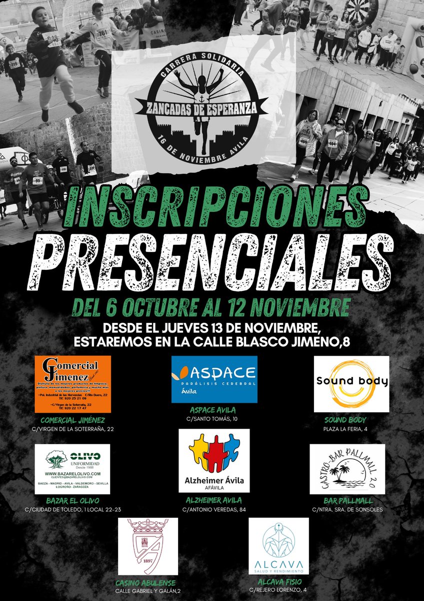 📍 Inscripciones Presenciales
¡Desde hoy ya puedes inscribirte presencialmente a nuestra VIII Carrera Solidaria Zancadas de Esperanza 2025!

Podrás hacerlo en los siguientes establecimientos, a los cuales agradecemos profundamente su compromiso y colaboración. 💚