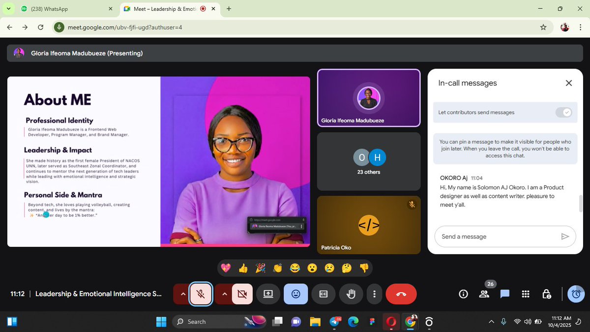 codecreatehq's tweet image. Saturday’s session on Leadership & Emotional Intelligence with Gloria Madubueze was packed with lessons! 💡
From leading with empathy to managing diverse teams, we learned so much.
Big thanks to Gloria for such a powerful session! 🙌
What was your favorite takeaway? 💬