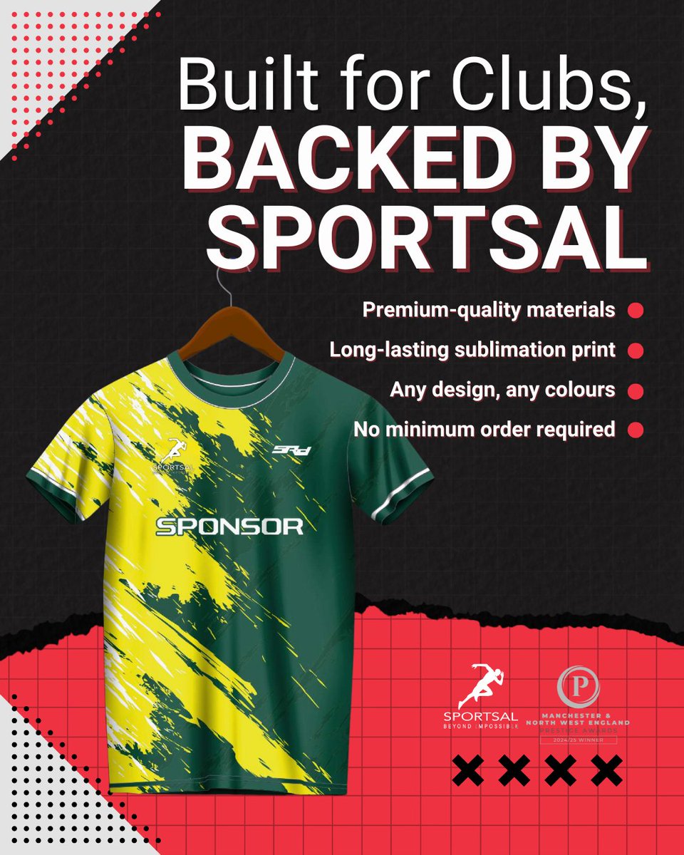 SportsalUK's tweet image. Your kit deserves more than a basic print - it deserves performance.

We use premium materials, bold designs, and flexible ordering for every club.

📲 See the difference at sport-sal.com

#SportsalUK #footballkitdesign #sportsalkits
