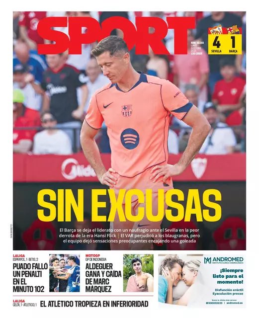 tsf_podcast's tweet image. Today&apos;s 🇪🇸⚽ frontpages:

🗞️ Marca: &quot;Sevilla thrash Barça&quot;
🗞️ AS: &quot;Sevilla,  much better than Barça&quot;
🗞️ Mundo Deportivo: &quot;A beating&quot;
🗞️ Sport: &quot;No excuses&quot;
