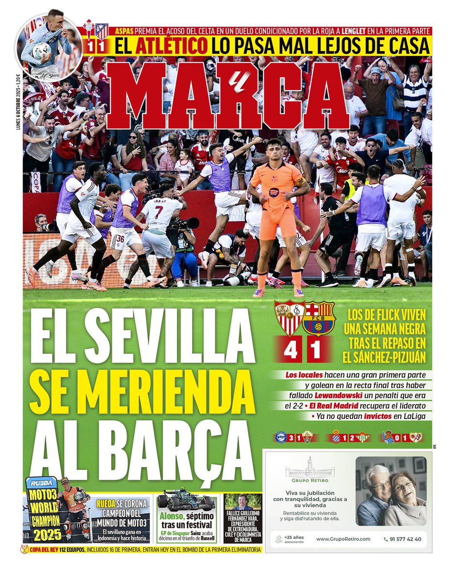 tsf_podcast's tweet image. Today&apos;s 🇪🇸⚽ frontpages:

🗞️ Marca: &quot;Sevilla thrash Barça&quot;
🗞️ AS: &quot;Sevilla,  much better than Barça&quot;
🗞️ Mundo Deportivo: &quot;A beating&quot;
🗞️ Sport: &quot;No excuses&quot;