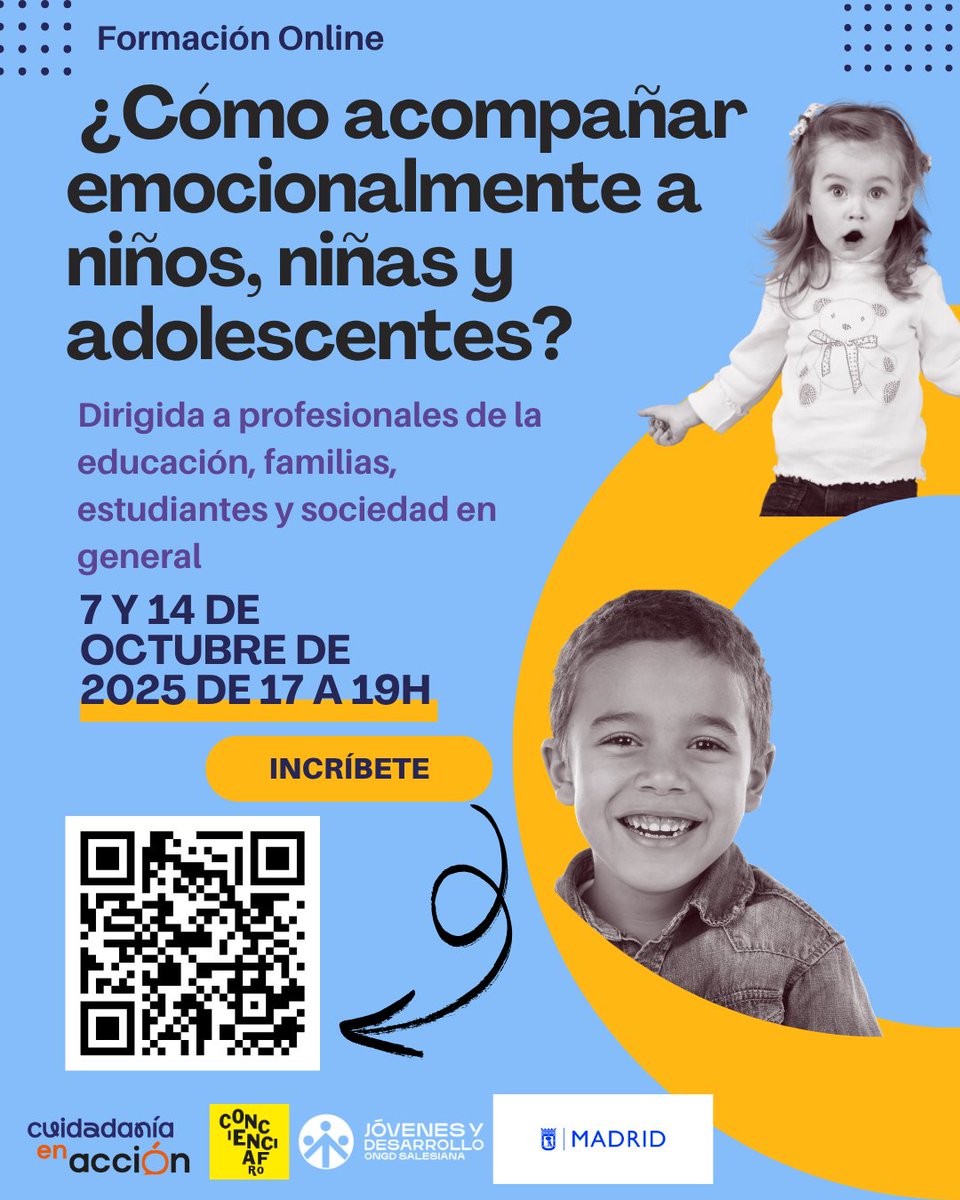 ¿Cómo acompañar emocionalmente a niños, niñas y adolescentes?
🧑🏫 Webinar con Elena Segura, de ACAIS
📅 Mañana, 7 y el 14 de octubre | 🕒 17-19 horas | 💻 Online
📩 Inscríbete gratis: forms.gle/p5kTm2fPMeAATc…
#CuidadaníaEnAcción #BienestarJuvenil #Educación #DiálogosDeCuidado