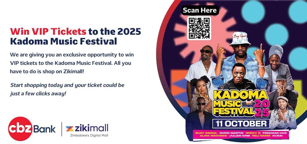 thestandardzim's tweet image. 🔵Just a few days left to win VIP tickets to the 2025 Kadoma Music Festival!

Shop on zikimall.com today for your chance to experience the biggest music event of the year in style.

#PartnersForSuccess
