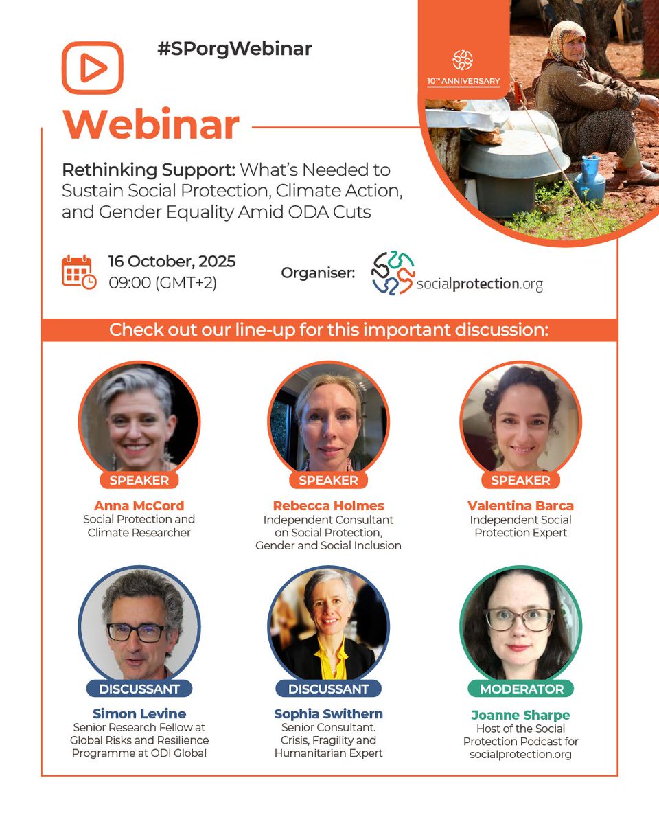 #SPorg10YearsCampaign🚨Don’t miss our special #SPorgWebinar, part of the #SPorg10YearsCampaign: Rethinking Support: “What’s Needed to Sustain Social Protection, Climate Action, and Gender Equality Amid ODA Cuts”. 📅 16 October 2025 🕛 09:00 (GMT+2) 🔗tinyurl.com/4netmp8w +