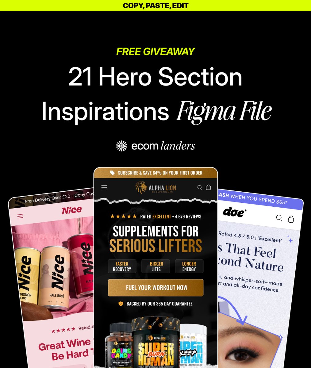 Just finished putting together a swipe file of 21 hero sections across multiple niches.

Health, wellness, beauty, food &amp; beverage, the best examples I’ve collected that are built to convert.

Comment 'SWIPE' + retweet and I’ll share it.