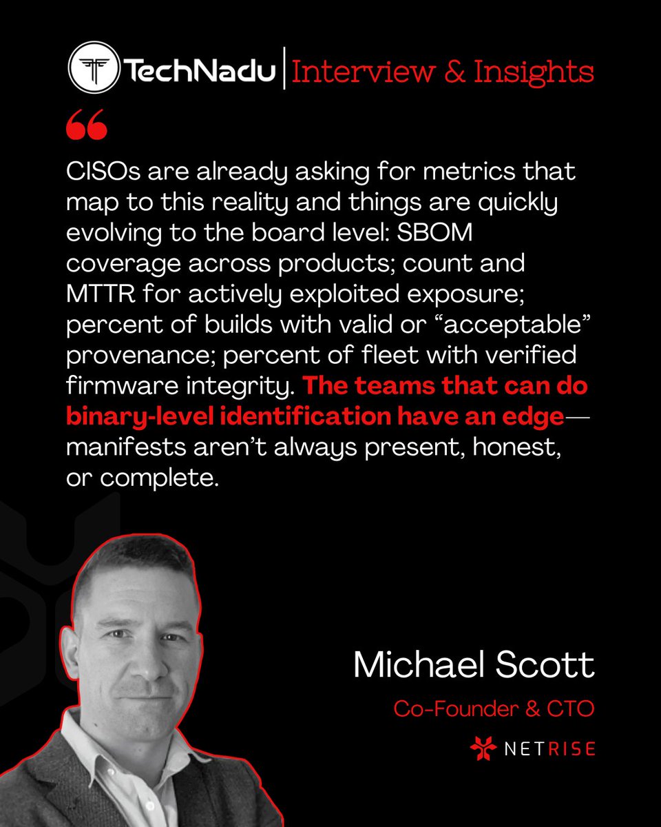 TechNadu's tweet image. “Exploitability isn’t one thing; it’s multiple layers that work together.” — Michael Scott, Co-founder & CTO of @NetRiseInc
Scott breaks down:
🔹 Firmware SBOM visibility
🔹 Exploitability layers
🔹 Why AI triage still needs human oversight
#FirmwareSecurity #SBOM #AI…