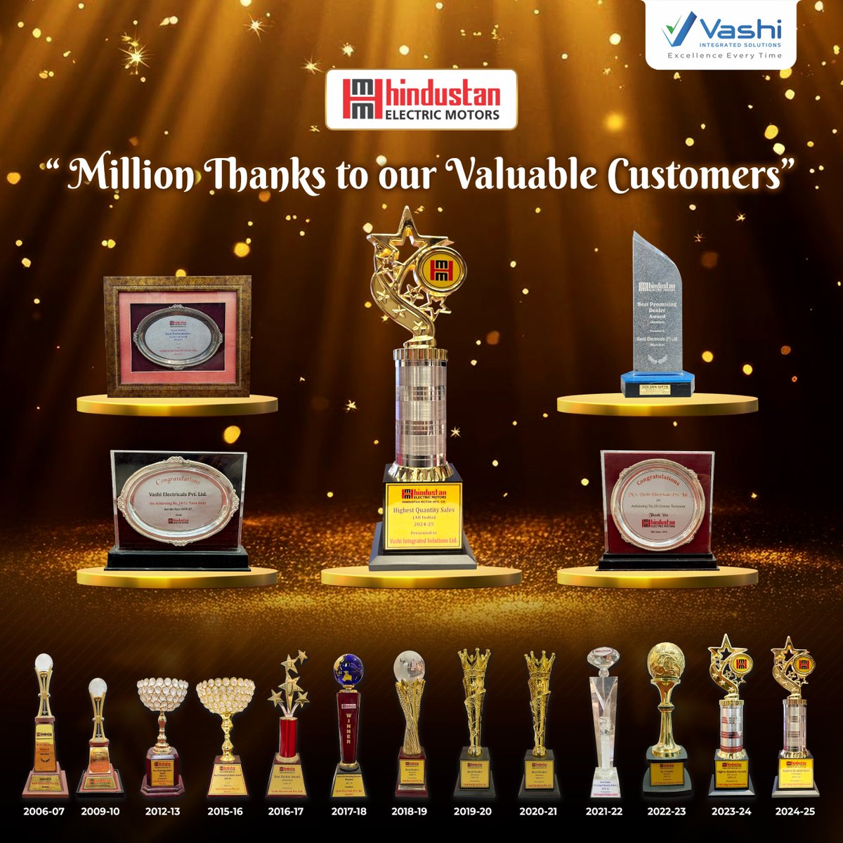 vashiisl's tweet image. We’re delighted to announce that we have been honoured with the Highest Quantity Motor Sales – All India award by Hindustan Electric Motors Co. 
This marks our 11th consecutive year as India’s No.1 in Motor Sales
#VashiIntegratedSolutionsLtd #HighestQuantity  #BestDealer