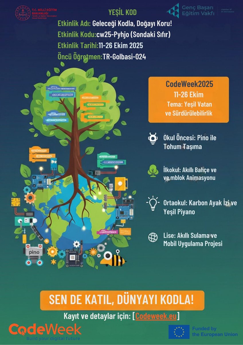 CodeWeek 2025 Başladı! 💻💚
11–26 Ekim tarihleri arasında, Avrupa genelinde Kodlama Haftası (CodeWeek) heyecanı başlıyor! Bu yılın teması “Yeşil Vatan ve Sürdürülebilirlik” 🌱 — doğayı koruyarak geleceği kodlama zamanı! 
<a href="/CodeWeekEU/">EU Code Week</a> 
<a href="/tcmeb/">Millî Eğitim Bakanlığı</a> 
<a href="/mebyegitek/">Yenilik ve Eğitim Teknolojileri Genel Müdürlüğü</a>