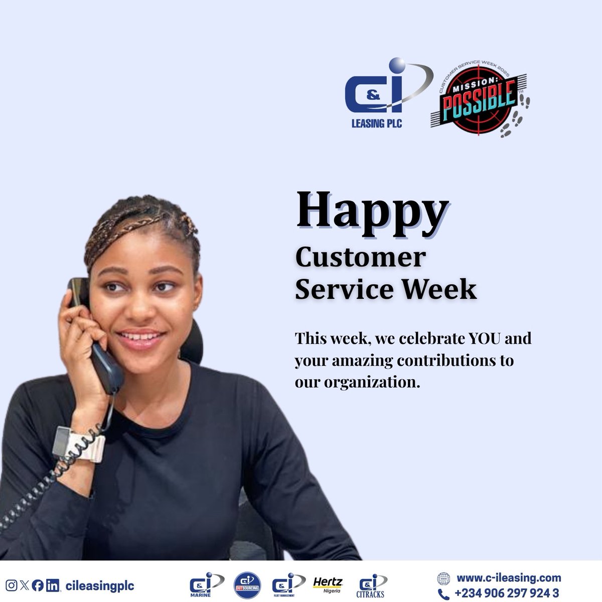 CILEASINGPLC's tweet image. The mission begins now! 💪
Customer Service Week 2025 is here, and we’re on a mission to celebrate excellence, teamwork, and the spirit of service.
Because at C&amp;amp;I Leasing, every mission is possible! 🔥
#MissionPossible #CustomerServiceWeek #CIleasing