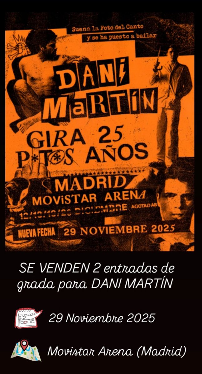 Alvaroarchena's tweet image. SE VENDEN 2 entradas de grada para Dani Martín en Madrid. 29 Noviembre 2025!

Concierto especial a su trayectoria en el Canto del Loco.
Nos ha surgido un imprevisto y no podemos ir.
Precio mínimo!
#Concierto #Madrid #ECDL #ElCantoDelLoco #DaniMartin #MovistarArena #Conciertazo