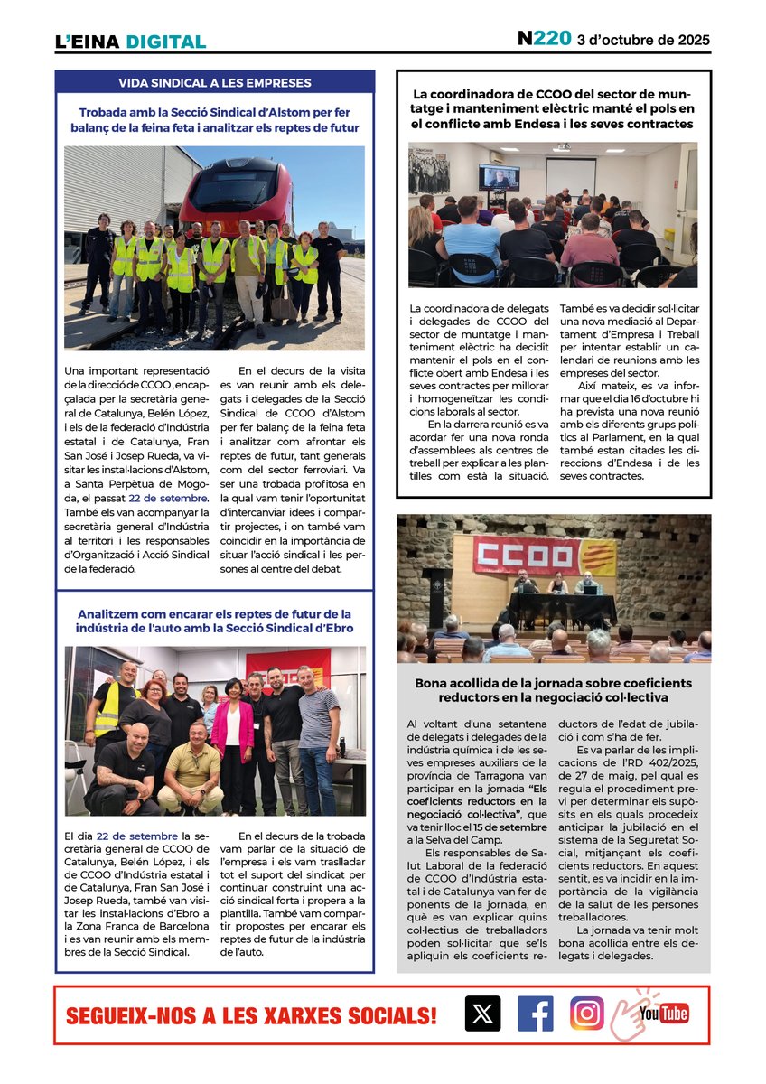 📲 Encara no has llegit l'últim #EinaDigital? T'hi expliquem que:

⚙️ el metall BCN fa vaga 29 i 30 octubre
🇵🇸 15 octubre: jornada de vaga en solidaritat amb Palestina
🤝 preacord en el conveni de preparats alimentaris

...i més!

Llegeix-la! 👇
ccoo.cat/wp-content/upl…