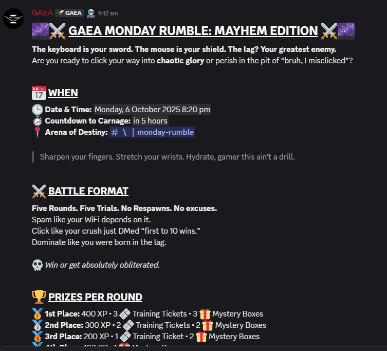 Kyleyy9's tweet photo. Wow new #GAEA event! It's Rumble but "Mayhem Edition" Hope I win, not sure how this will play out though 🤔🔥
@aigaealabs
#game #Web3 #events #web3ai #Airdrop #rumblegame #NFT #AI #aitraining https://t.co/nXhFHg81K7