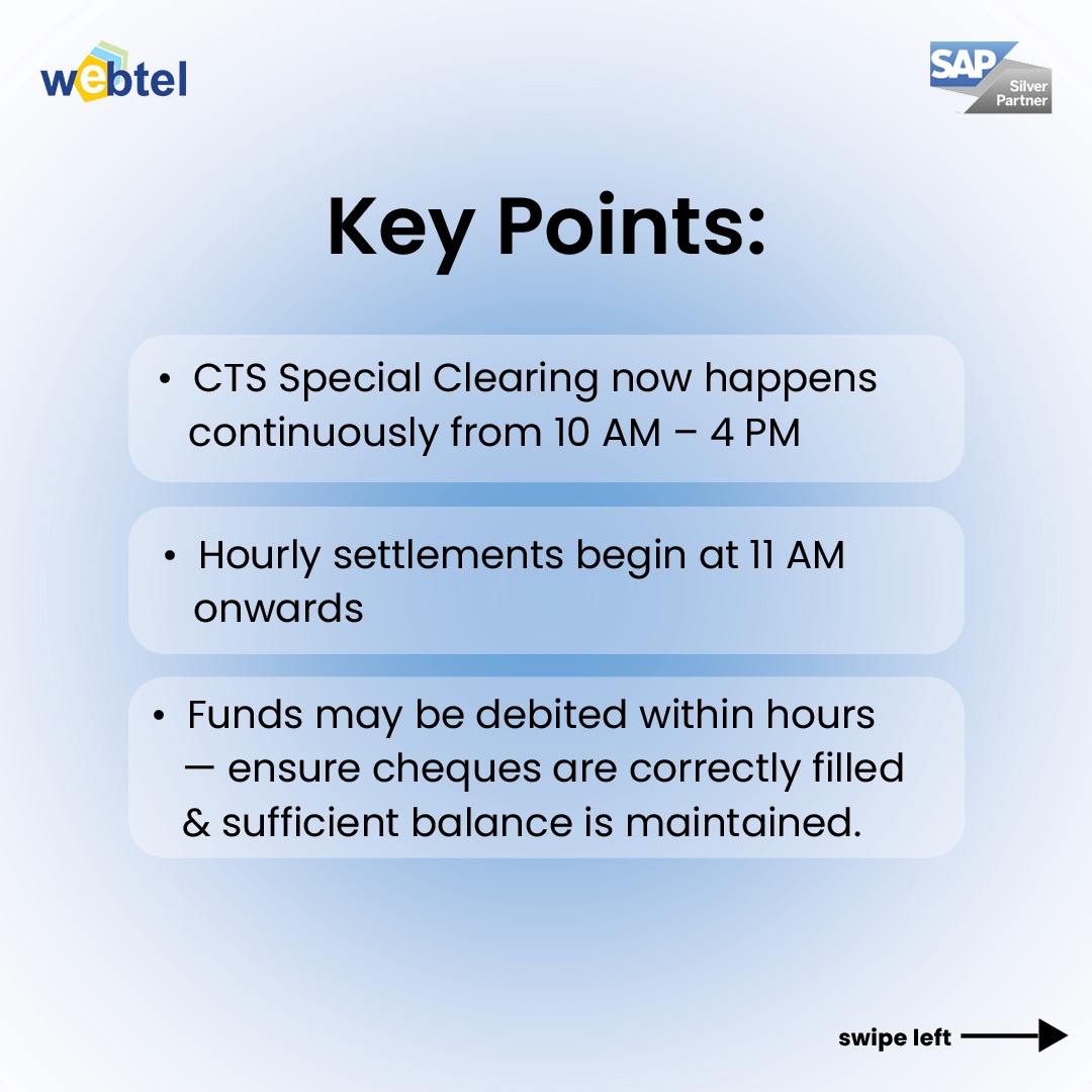 webteldotin's tweet image. RBI CTS update w.e.f. 4th Oct&apos;25: Cheque clearing now happens in real-time (10AM–4PM) with hourly settlements from 11AM.

Funds debited within hours—keep cheques filled correctly + maintain balance.

#CTS #BankingUpdate #Webtel