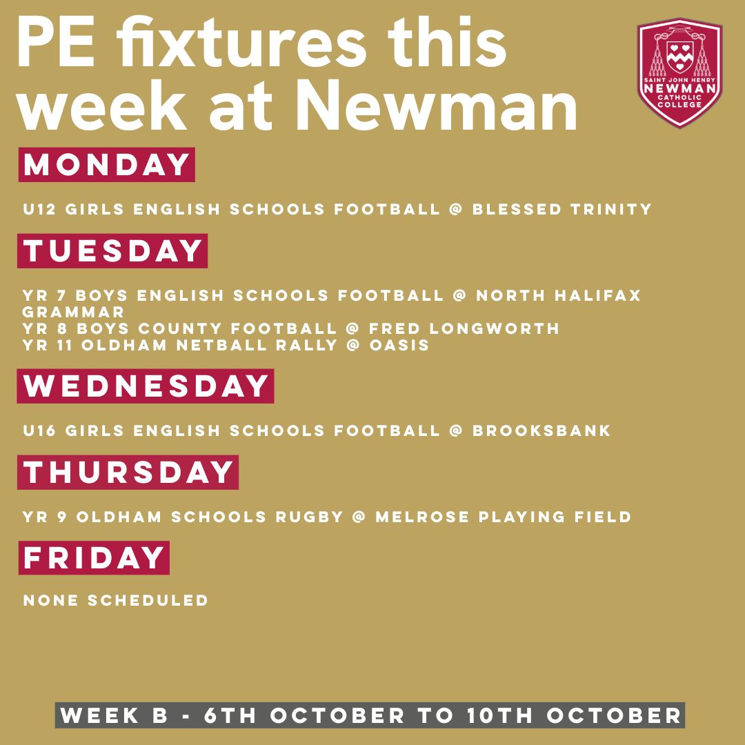NewmanRCCollege's tweet image. Check out this week's PE fixtures!

Good luck to all our players and teams!

#TeamNewman