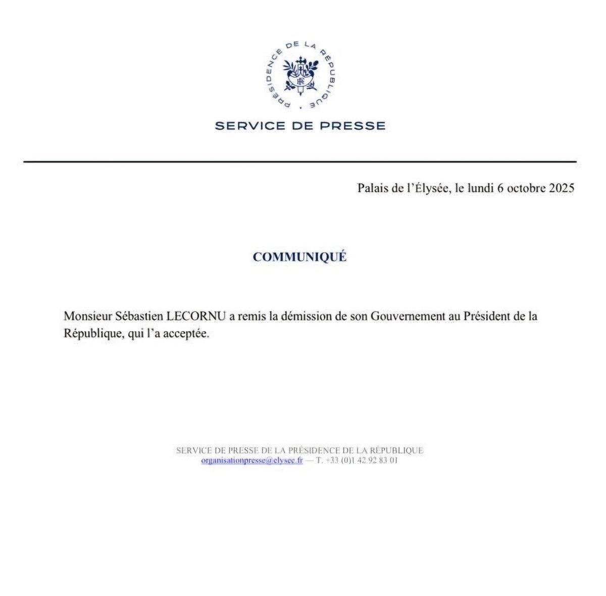 🔴 Sébastien Lecornu a démissionné. 
Démission acceptée par le président de la République.