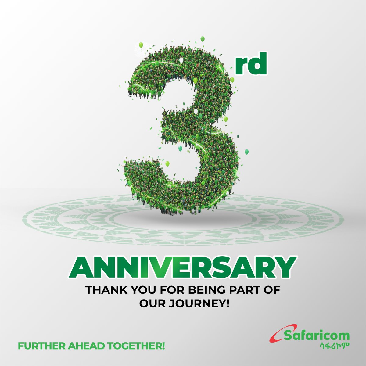 SafaricomET's tweet photo. ✨ 3 Years Strong! ✨
 From day one to today, your trust has fueled our journey. 🚀

Happy Monday! Have a great week!

Here’s to going Further Ahead Together! 💚

#SafaricomEthiopia 
#Furtheraheadtogether
#3rdAnniversary 
#MissionPossib https://t.co/waPq6STsys