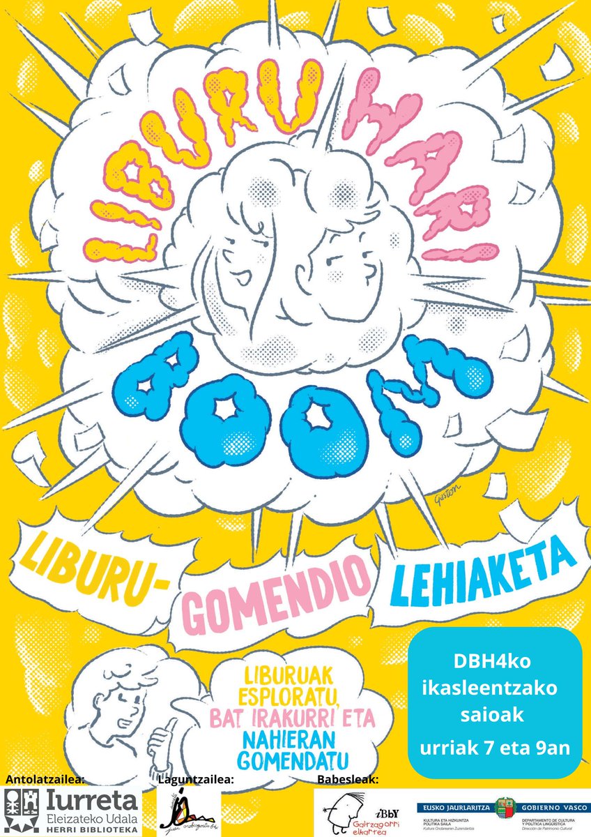 📢El alumnado de 4º de ESO contará con la presentación de libros fuera de los itinerarios literarios tradicionales, para conocer conocer tanto ficciones nuevas como clásicas, no ficción, álbumes y el concurso de libro-comentario de Galtzagorri
ℹ️liburuhariboom.wordpress.com/egitasmoa/