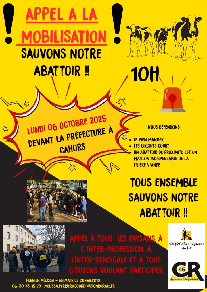 coordinationrur's tweet image. 🔴 EN DIRECT : AGRICULTEURS DU #LOT, REJOIGNEZ LA MOBILISATION !
👉 Les syndicats s’unissent ce lundi 6 octobre pour sauver un abattoir ! 💪
📍Rendez-vous dès maintenant devant la préfecture de Cahors
Nous ne lâcherons rien 🟡⚫️
#CoordinationRurale #AgricultureFrançaise