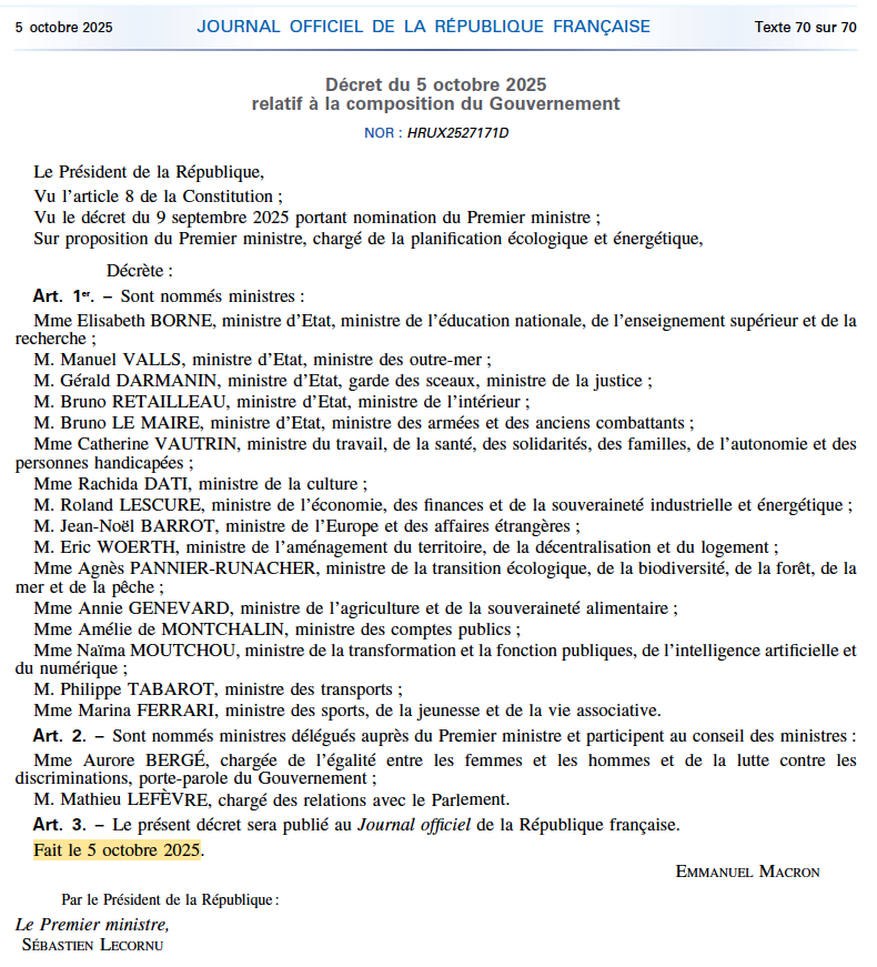 N_Hervieu's tweet photo. Ce décret de nomination publié hier soir au JORF restera un moment d'histoire.

Sans doute le Gouvernement le plus éphémère de toute notre histoire républicaine.

Il aura duré... 14h. https://t.co/gKwcTQEnDb