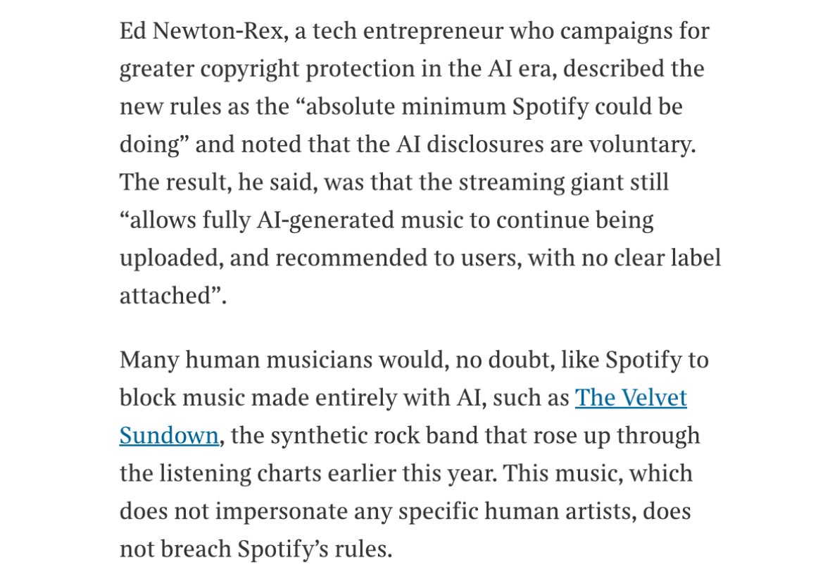 Spotify continues to double down on accepting fully AI-generated music, recommending it to users, and refusing to add prominent labelling.

This weekend, the Times asked Spotify’s new co-CEOs whether AI music is welcome on the platform.

They deflected by saying they’re 'not