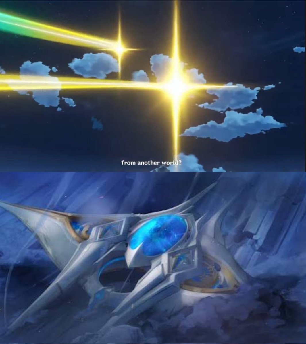 Two stars but one spaceship 🤔

I've been confused on the exact timeliness of the twins's arrival in teyvat especially with the placement of the opening given how important is it. But with the introduction of the twins traveling in a spaceship (my own feelings on it being that it