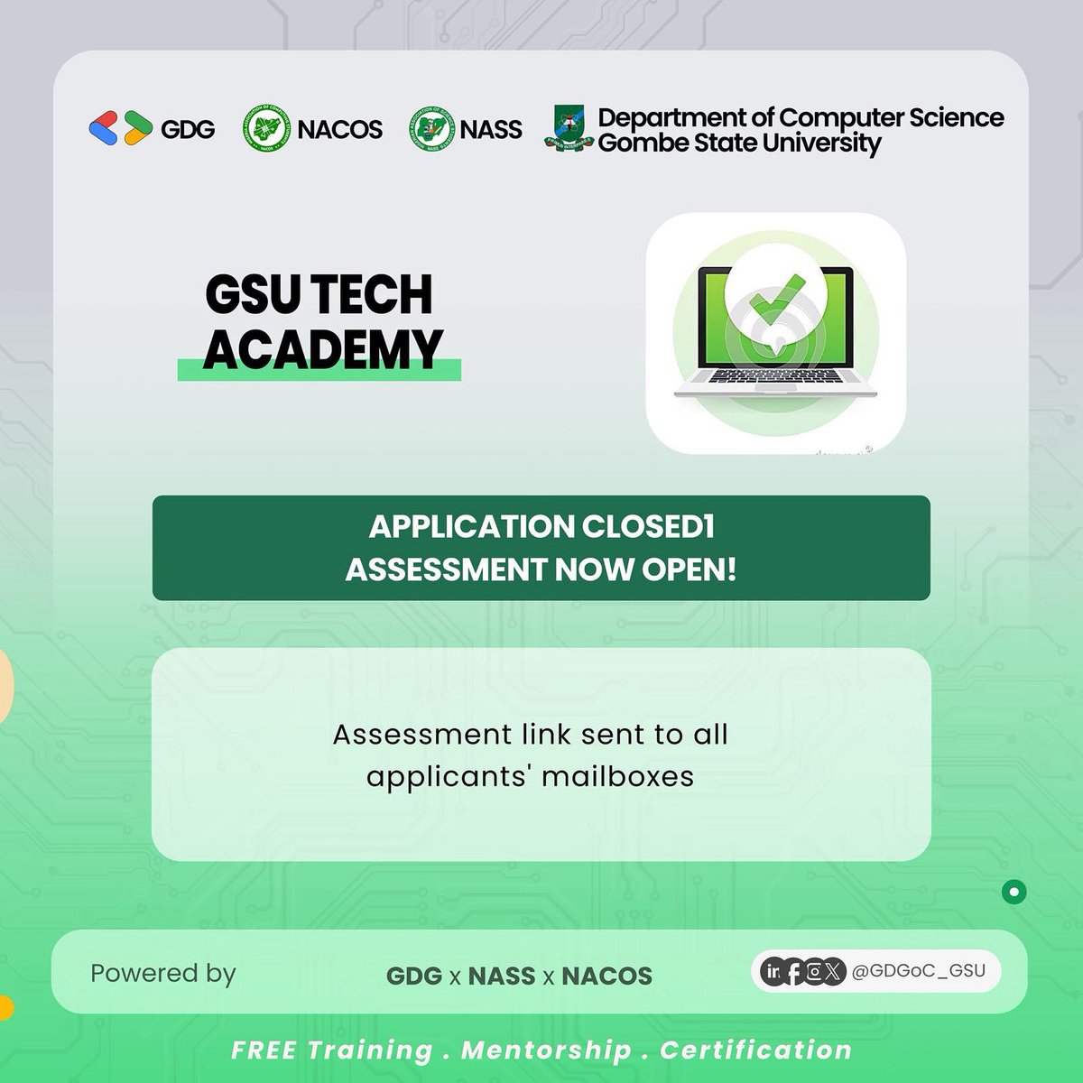 🚀GSU Tech Academy—Important Update!

📢Applications are now closed.
🧠Assessments are officially open!

Applicants have been sent their assessment links via email.
Check your inbox (and spam folder) to complete your test and secure your spot in Cohort 2.

#GSUTechAcademy #GDGGSU