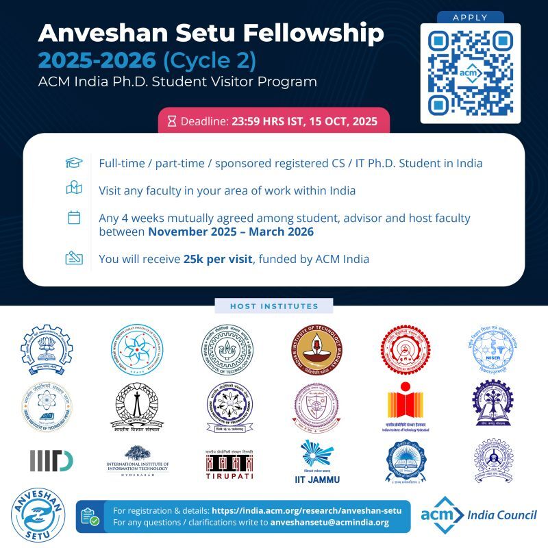 Indiaacm's tweet image. 📣 Attention #PhD students in computing!
Cycle 2 of the 4th Edition of #AnveshanSetu is NOW OPEN.
✔️ 4-week immersive visit with a host faculty of your choice
✔️ Fully funded by ACM India
Don’t miss out — apply by 15 Oct 2025!
👉 india.acm.org/research/anves…
#AnveshanSetu #ACMIndia