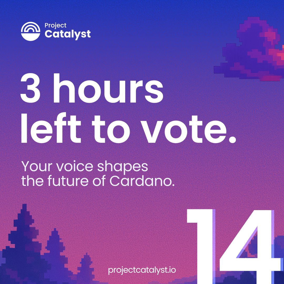 Catalyst_onX's tweet image. ⏰3 Hours left to vote!
This is it. The final stretch of Fund14 voting 🗳️
Make sure your voice is heard and help shape the future of Cardano.
🕒 Voting closes at 11AM UTC — cast your votes now!