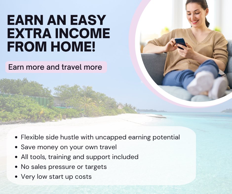 Hi all, not sure if anyone is looking for something a bit different, if so, let me know. I do this as a side hustle and the extra money I make is amazing, we can travel smarter and earn commission on every kind of holiday we book. Feel free to message me privately for more info.