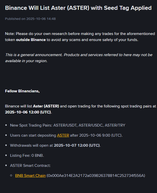 BINANCE LISTS $ASTER ON SPOT

Not a surprise cause it's coded from the start