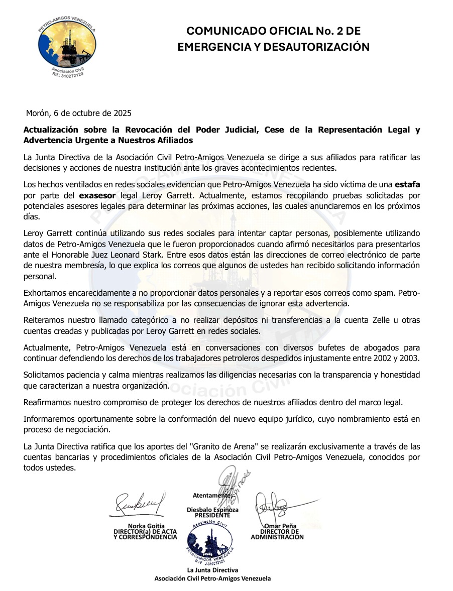 julyviz's tweet photo. La Junta Directiva de PetroAmigos Venezuela, a través de su directora de Actas y Correspondencias
@GoitiaNorka
me informa para que haga público este comunicado urgente.  #HolocaustoPetrolero #PetroAmigos #JusticiaPetrolera #23AñosDeOlvido #QueremosCobrar #RetuiteaPorLaJusticia #CitgoEsDeVenezuela #NoMásSilencio #SomosPetrleros #kilometro_internacional #HumanRights #JusticeMatters #TransitionalJustice #Accountability #TruthAndJustice #WorkersRights #LaborRights #NoToImpunity #RightToCompensation #SocialJutisce #BreakingNews #ShareTheTruth #StandUpForRights #SpeakUp #WeWillNotBeSilenced #RTPlease #RTPorFavor #TrendingNow #citgosale #justice #crimen #TRAICION #PDVSAWorkers
@TheJusticeDept
@SecRubio
@marcorubio
@MaElviraSalazar
@SenKaine
@MariaCorinaYA
@EdmundoGU
@VenteVenezuela
@Reuters
@Forbes
@business
@nytimes
@washingtonpost
@WSJ
@CNN
@ABC
@CBSNews
@NBCNews
@MiguelContigo
@dplacer
@apolitikoyt
@Norbey_Marin_
@AleMarcanoS
@JRP140
@la_katuar
@PattyPoleo
@ElPitazoTV
@DiesbaloEs65059
@penaof
@isidralopenza18
@pablo240351
@sanchezac1961
@yida1920
@Oswaldo10908329