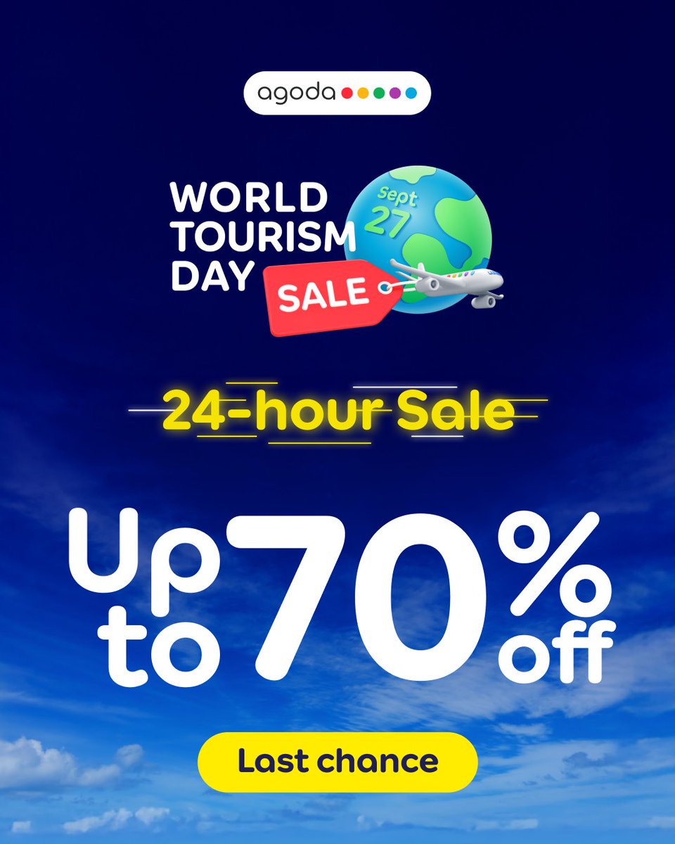 agodaindia's tweet image. Missed the last flash sale? 😭 Don’t panic—the FINAL flash sale of the World Tourism Day Sale is LIVE! 🎉

🚨 Up to 70% OFF hotels, flights &amp;amp; activities!
⏳LAST CHANCE!
👉 ago-da.co/4nBhTmZ

#SeetheWorldforLess with #Agoda ✈️✨

#WorldTourismDaySale