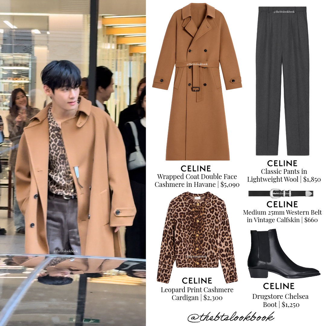 thebtslookbook's tweet image. V wearing @celineofficial “Cashmere Coat”, “Leopard Print Cardigan”, “Western Belt”, “Wool Pants” and “Drugstore Chelsea Boots” 

#V #kimtaehyung #뷔 #thvcloset #방탄소년단 #thebtslookbook #Celine #TAEHYUNGxCELINE  #ootd #Paris #CELINESUMMER2026 #PFW