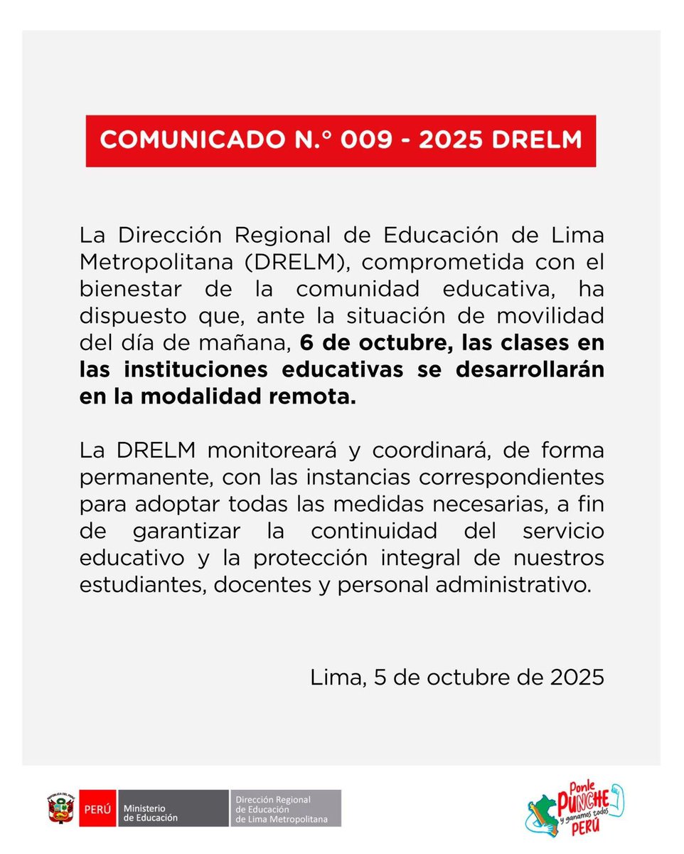 RevistaRT21's tweet photo. La #DRELM anunció que este lunes 6 de octubre las clases en los colegios públicos y privados de la capital se realizarán de manera remota. La medida se adoptó a raíz del #Parodetransportistas convocado por la Cámara Internacional del Transporte (CIT)
#ParoDeTransporte https://t.co/2KmXtkwrs1