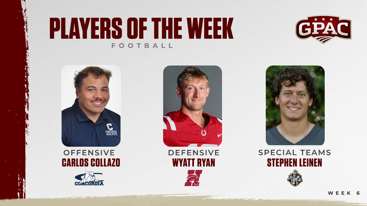 GPACSports's tweet image. FOOTBALL: Week 6 Honors - 
(Offensive) Carlos Collazo of @cunebulldogs.
(Defensive) Wyatt Ryan of @HastingsBroncos.
(Special Teams) Stephen Leinen of @dordtdefenders.

Complete Release:
tinyurl.com/gpacfb06