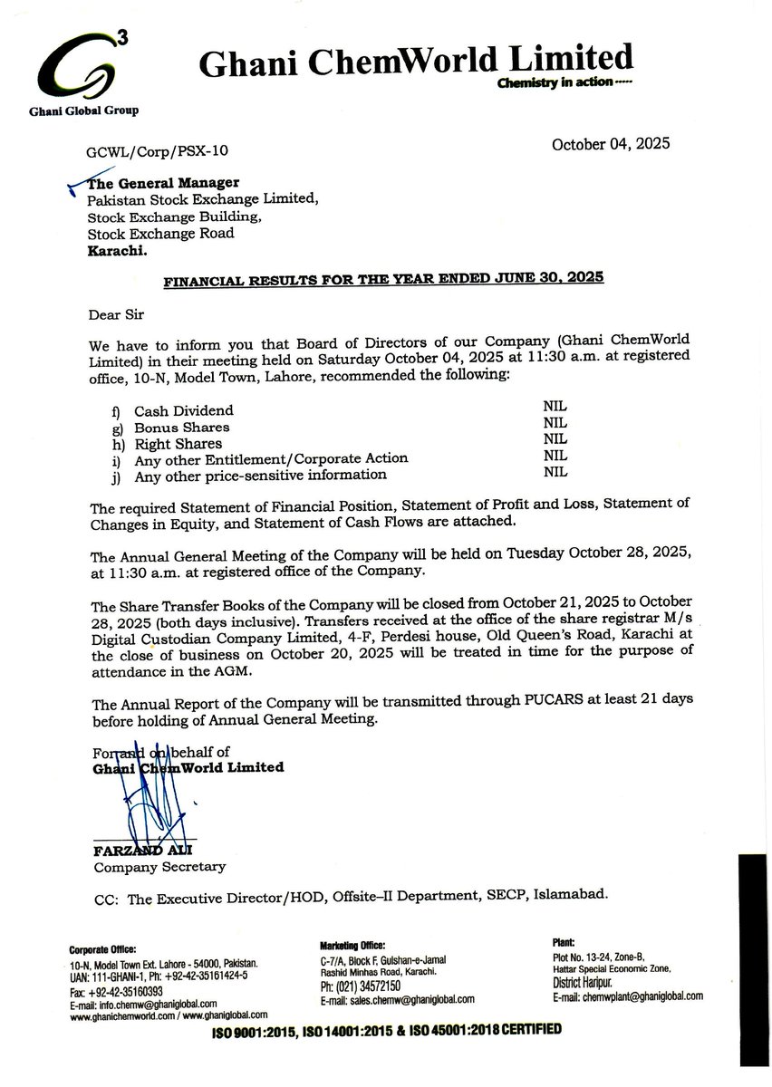 ChasePSXNotices's tweet photo. GCWL - FINANCIAL RESULTS FOR THE YEAR ENDED JUNE 30, 2025 - GHANI CHEMWORLD LIMITED
#PSX #Stock #News #GCWL #FinancialResults https://t.co/kt8zsDfK66