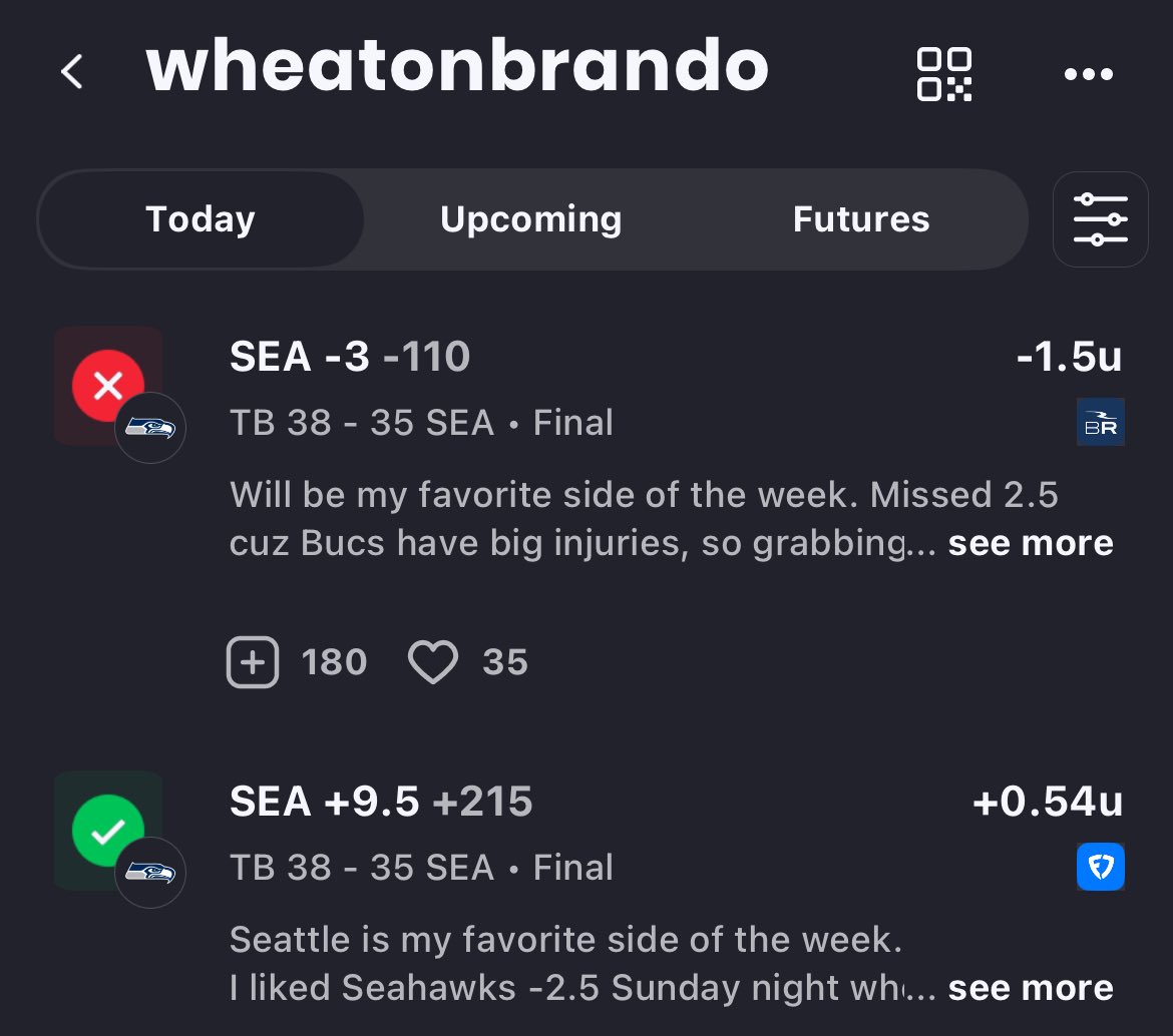 GooliusBoozler5's tweet photo. @ActionNetworkHQ @wheatonbrando @JohnnyLFootball @KMurrDFS Can you guys help @wheatonbrando fix this Seahawks play in his Action app? Play was -9.5 but he logged it as +9.5. https://t.co/1Q5601OVoy