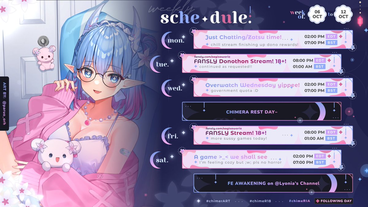 sagisawaria's tweet photo. Thank you for the amazing anniversary~ 🥹💕 here's a new schedule! (GFUEL Code: CHIMERA)

Twitch: https://t.co/HBXdILmxWJ
YT: https://t.co/R2YYjHdACw
Color #e12369
Fan name: degeneRIAtes
Mark ❣️
General #chimeRIA
Art #chimerART
🔞#chimeR18 @riarin0112 (👀 fansly info)

💗see u!💗 https://t.co/UNE7sYuqff