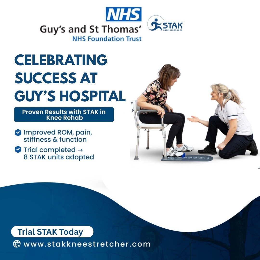 Revolutionising knee rehab at Guy’s &amp; St Thomas’ 
STAK delivers results during Trial improving ROM, pain &amp; stiffness.
Now 8 STAK units adopted to support early &amp; complex post-op recovery.
👏 Thank you to the Guy’s team for leading with innovation