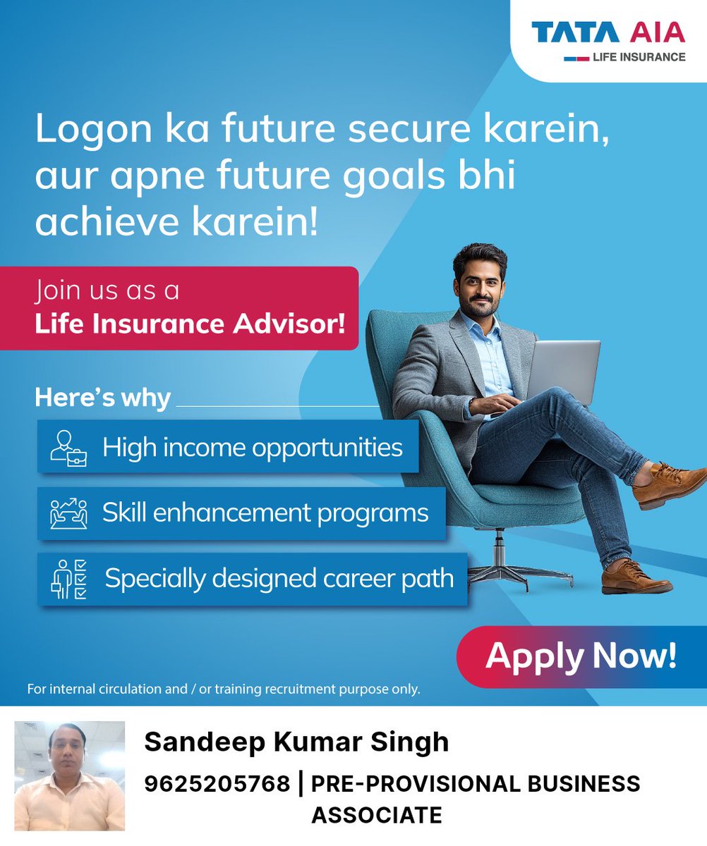 sandeepksingh_'s tweet image. Logon ka future secure karein,aur apne future goals bhi achieve karein

To Become TATA AIA Life Insurance Advisor, Click here:
 sandeepkumarsingh7.tataaiapartner.com/?tid=dve83

Sandeep Kumar Singh
9625205768