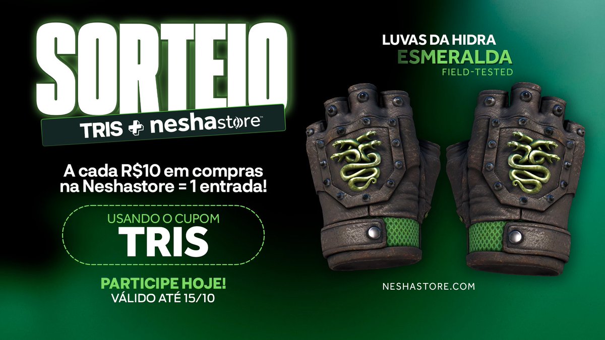 É HOJE! AINDA DÁ TEMPO DE PARTICIPAR!
🔥 SORTEIO LUVAS HIDRA FT (R$400,00) 🔥

A cada R$10 em compras na @NeshaStore usando o cupom "tris", você ganha uma entrada.

Gift cards também são válidos.

Participe aqui: forms.gle/M9fHfLYM5cjdtK…

*Sorteio que será realizado no dia 15/10