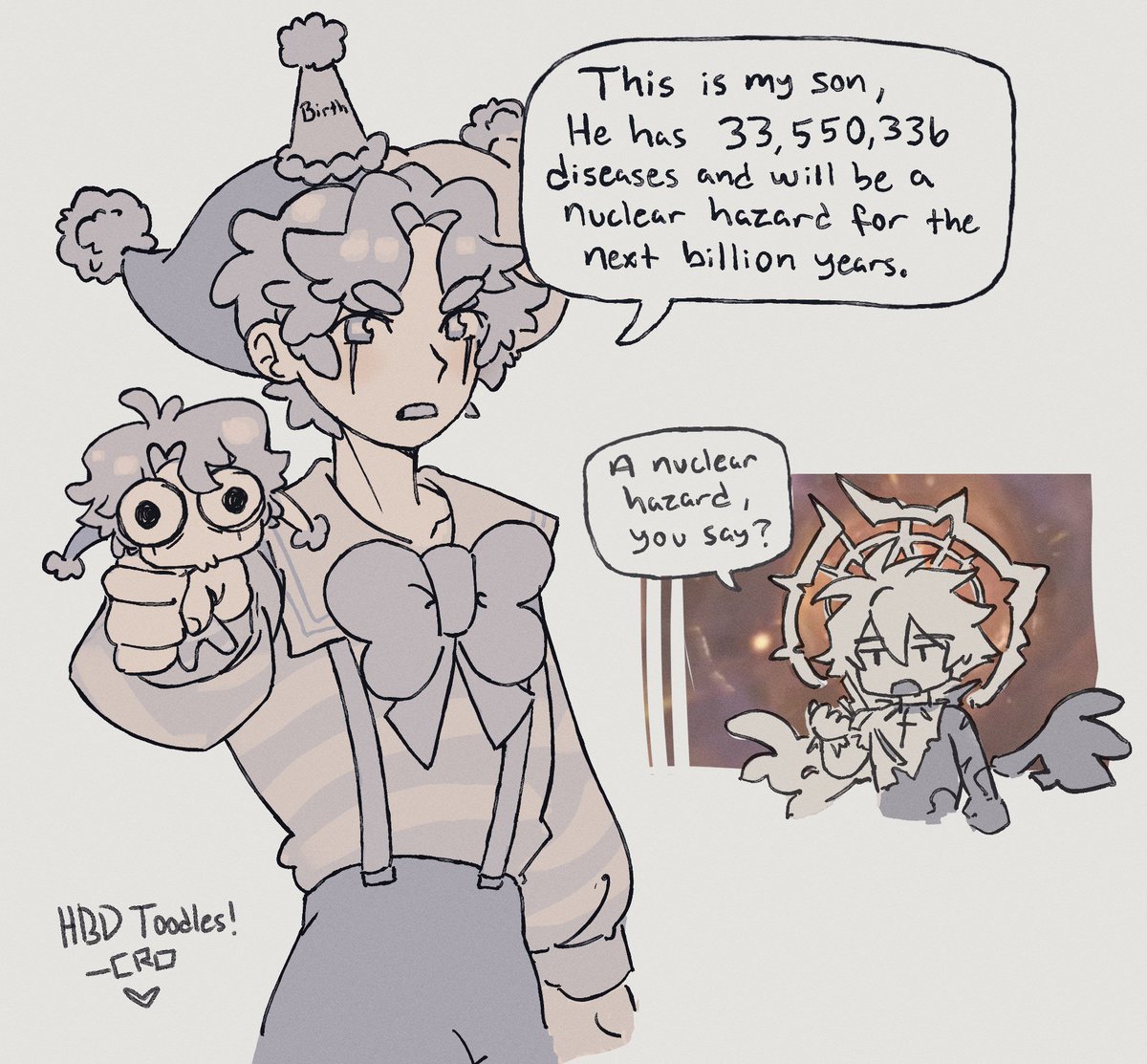 CroChoukuro's tweet image. happy birthday @Clown_Toodles !! your performance as phainon has been absolutely incredible and so full of care for the character, thank you for giving him so much love 🩵💛
i gift you your two nuclear sons and wish you a lovely birthday! 🫰😊 #ToodlesDoodles