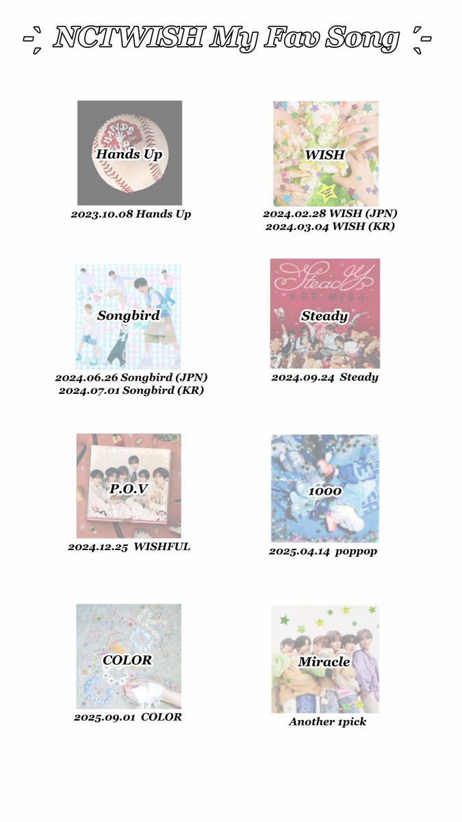 - ̗̀  NCTWISH My Fav Song   ̖́-

▷▶NCTWISHのアルバムから好きな1曲をpickup
▷▶【<a href="/OMGkaogayoi/">ぴぺ</a> 】様の企画が素敵だなと思い作成しました𖤐 ̖́-
(作成許可を頂き、フォーマットとタグを使わせて頂いてます)

 #NCTWISH_myfavsong 
 #WayV_myfavsong