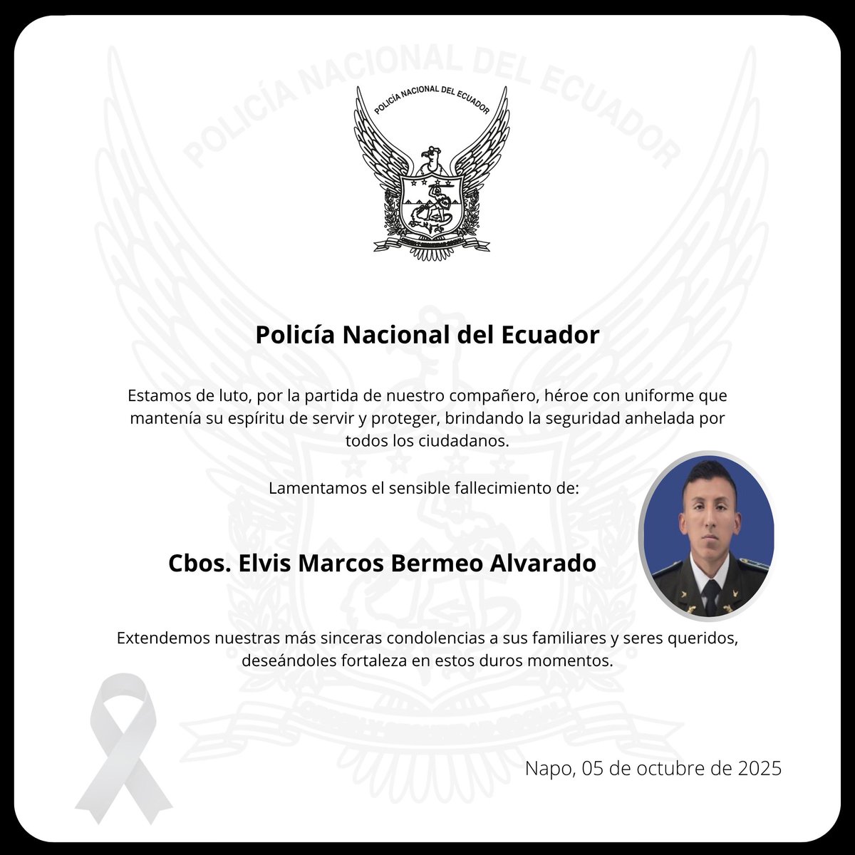 PoliciaEcuador's tweet photo. CONDOLENCIAS 🕊️

Con profundo pesar, informamos que tras varios días de incesante búsqueda, fue localizado en el río Quijos, el cuerpo del servidor policial Cbos. Elvis Marcos Bermeo Alvarado, quien cumplía con su deber en el cantón Quijos, provincia de #Napo.

Su partida enluta a la Institución y al país entero, pero también reafirma el valor de quienes, día a día, arriesgan su vida por la seguridad y bienestar de los demás.

"Cuando un policía cae en cumplimiento del deber, su ejemplo se convierte en llama eterna de honor, servicio y sacrificio"

¡Honor y gloria a nuestro héroe policial! 🇪🇨

#PolicíaEcuador
#ServirYProtegerConFirmeza