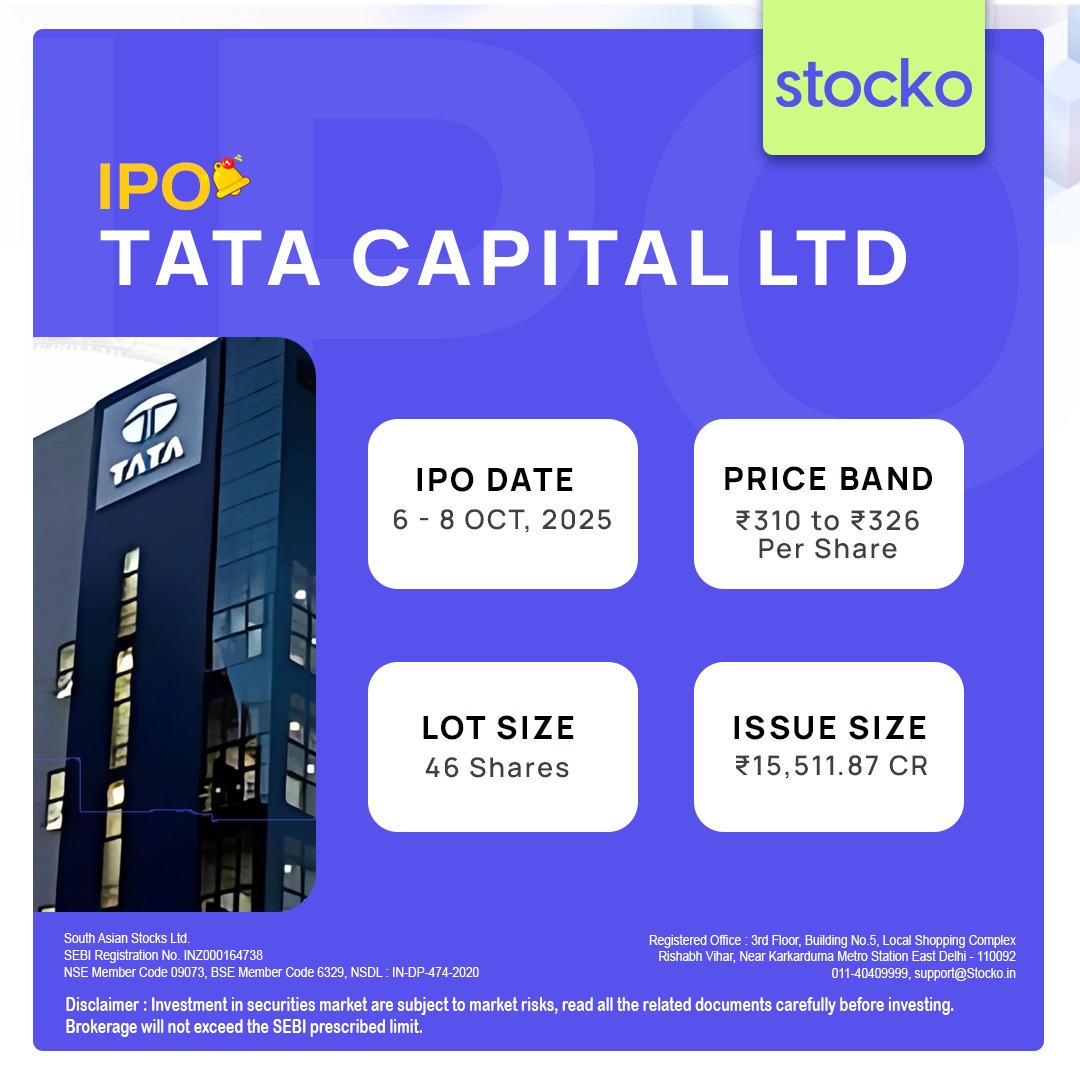 Tata Capital Ltd. IPO (Tata Capital IPO) Detail opens for subscription:

Let's check out all the basic details about the issue

Start Date: October 06, 2025

End Date: October 08, 2025

Price Band: ₹310 to ₹326 per share

Lot Size: 46 Shares

Issue Size of ₹15,511.87 Cr

Note