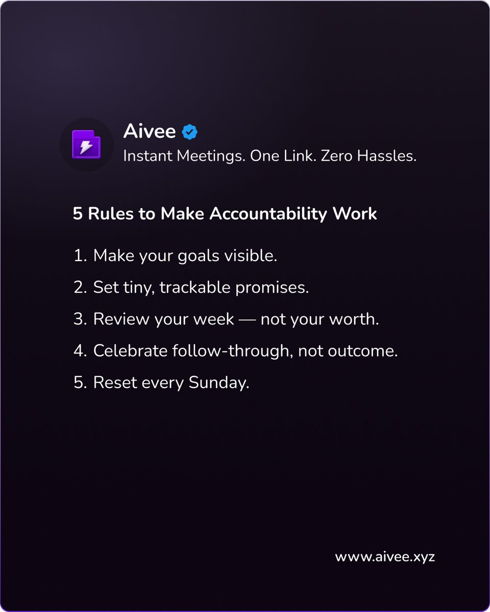 5 Rules to Make Accountability Work
No hacks. No pressure. Just self-trust built over time.

1️⃣ Make your goals visible
2️⃣ Set tiny, trackable promises
3️⃣ Review your week — not your worth
4️⃣ Celebrate follow-through, not outcome
5️⃣ Reset every Sunday

Quiet consistency &gt; loud