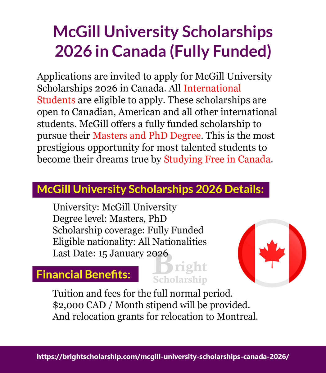 BrightSship's tweet photo. McGill University Scholarships 2026 in Canada (Fully Funded)
Degree level: Masters, PhD
Last Date: 15 January 2026
Apply Link: https://t.co/4EjtZ3zEzo
#BrightScholarship #FullyFunded #Scholarship #Canada #Students #studyabroad #study #studyinCanada #MastersinCanada https://t.co/J8qh141DfR