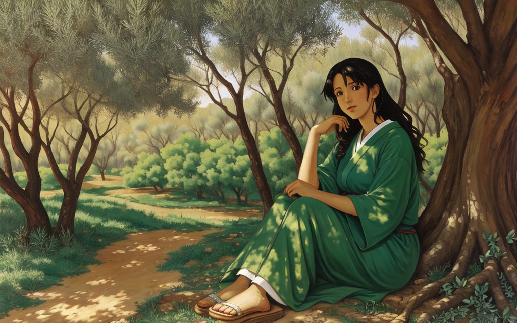 vu2lid's tweet image. By the orchard path, she lingered in green, her gaze carrying stories of memory and resilience. 
Painterly realism, lush orchard setting, soft daylight ambiance. #AIArt #MemoryField